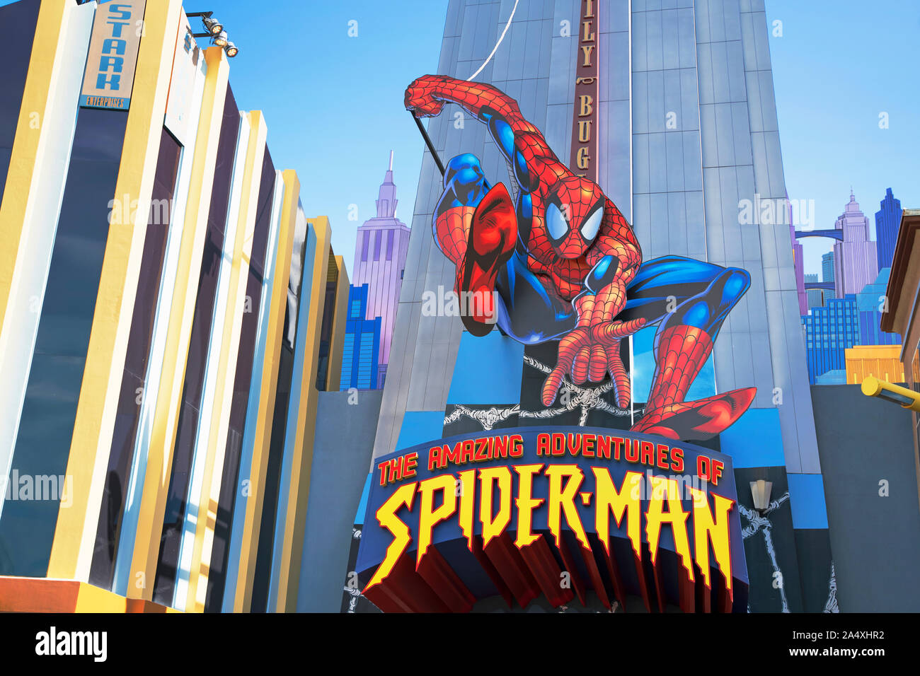 Le fantastiche avventure di Spiderman, 3D Ride, segno sopra l'ingresso, Super Hero Isola, Isole di avventura, Universal Studios Resort di Orlando, Foto Stock