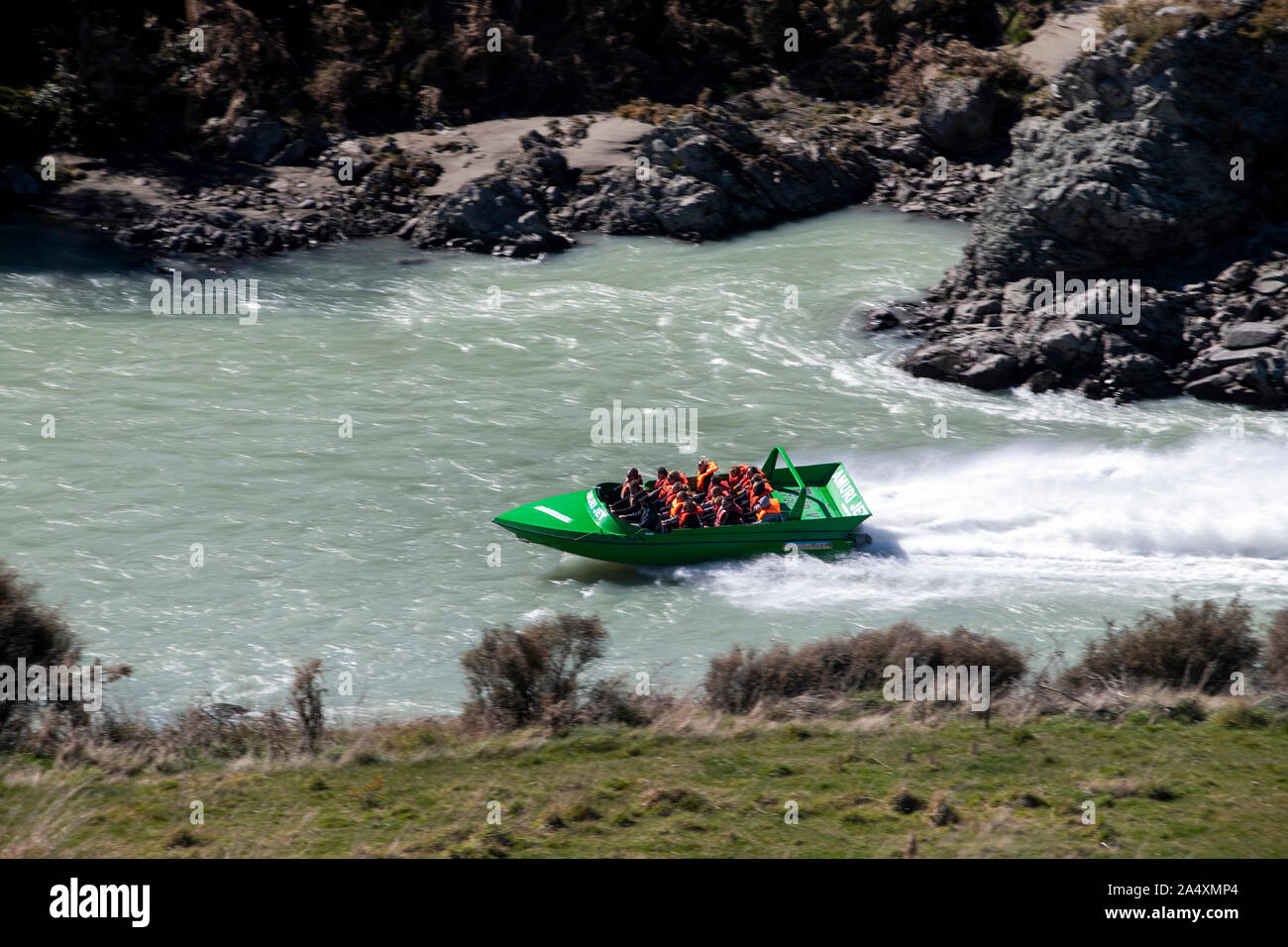 Jet Boat sul fiume Waiau, Hanmer Springs, Nuova Zelanda Foto Stock