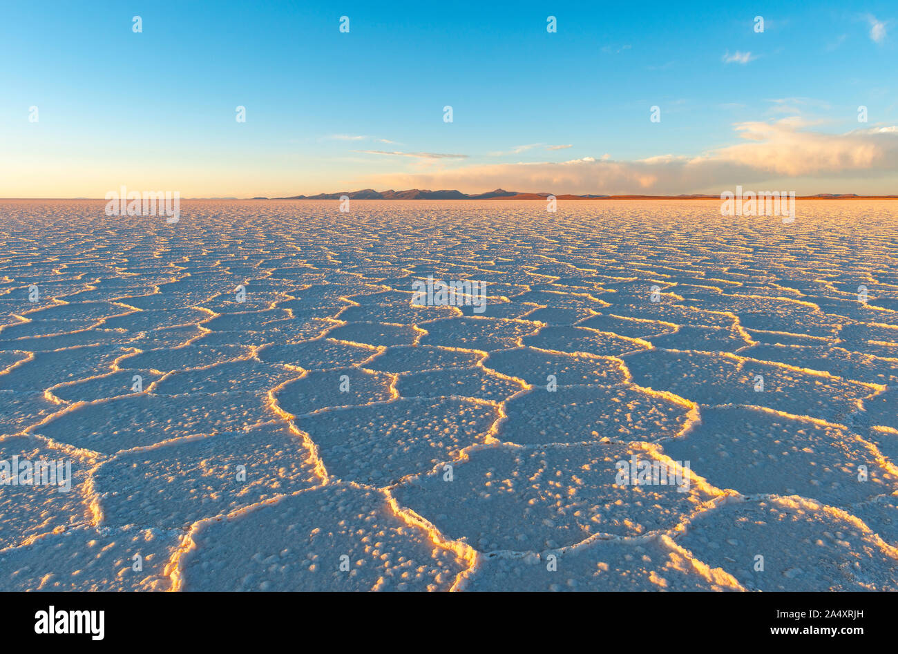 Esagonale formazioni di sale al tramonto nel sale di Uyuni deserto piano (Salar de Uyuni), Bolivia. Foto Stock