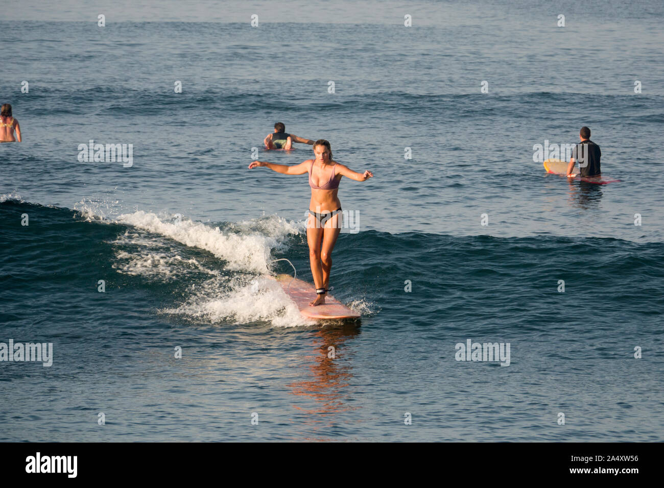 Surfista femmina wave riding in Canggu spiaggia di Bali, Indonesia Foto Stock
