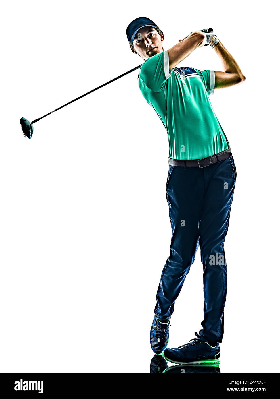 Un giovane uomo caucasico Golf Golf Golf isolati su sfondo bianco Foto Stock