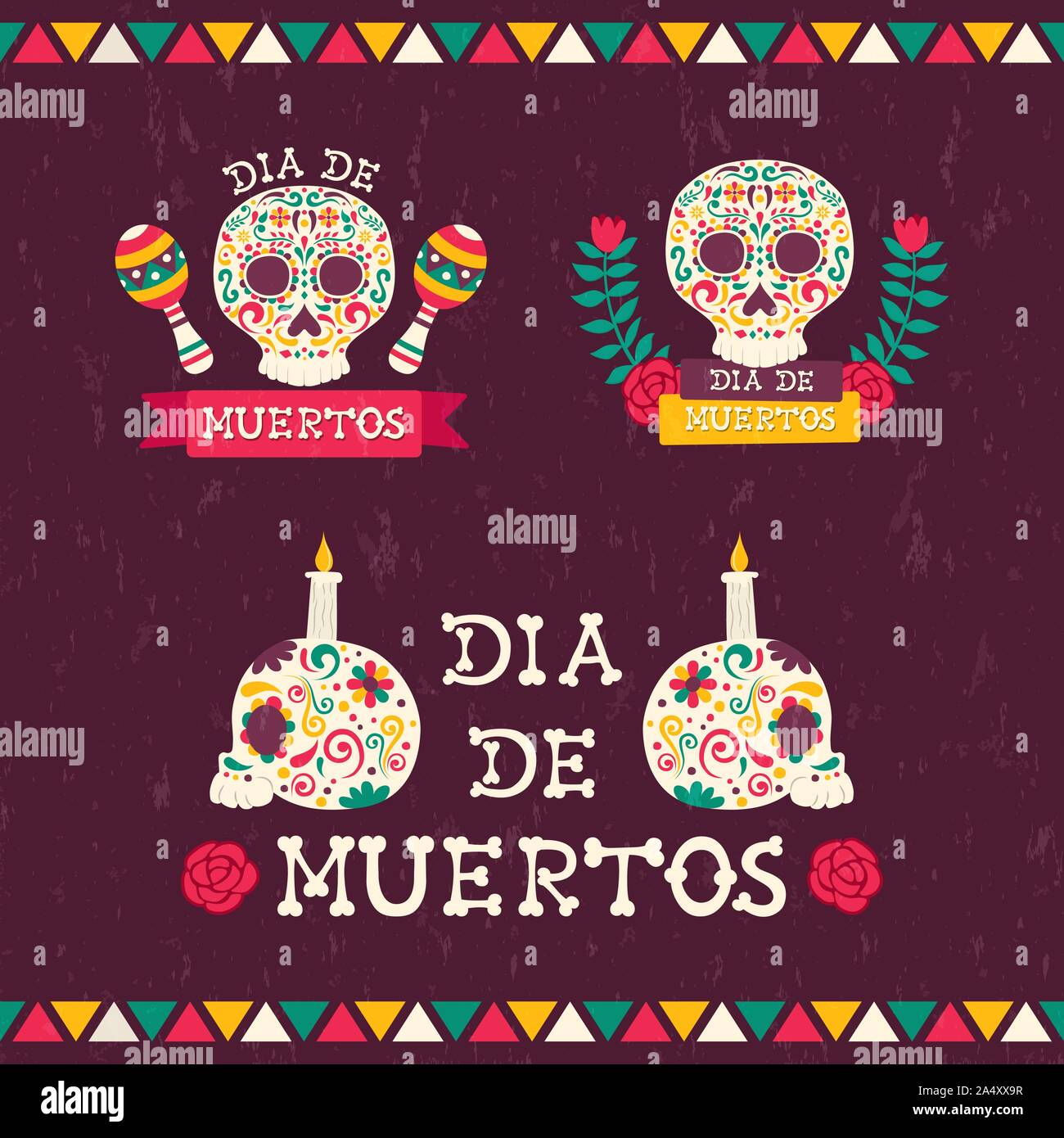 Il giorno dei morti preventivo impostato per il tradizionale evento messicano. Festosa teschi di zucchero con candele, fiori e testo di vacanza. Illustrazione Vettoriale