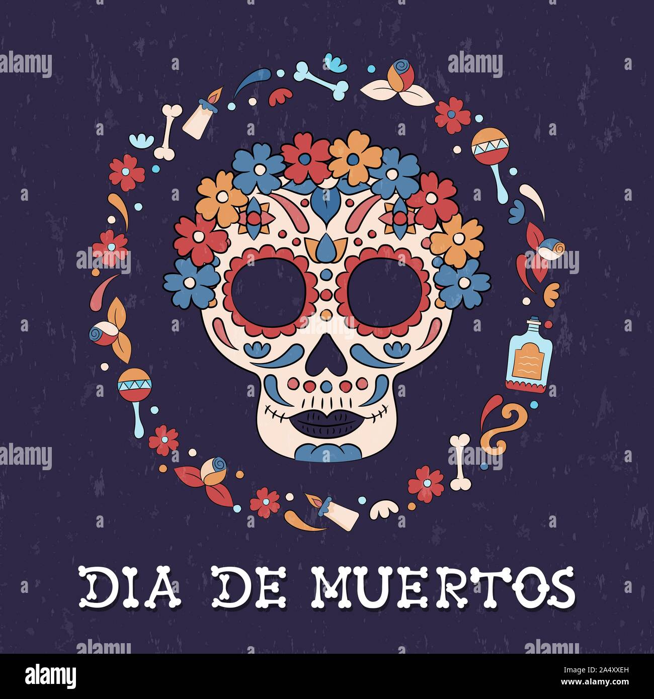 Il giorno dei morti il teschio di zucchero biglietto di auguri per la Festa messicana. Messico tradizionale decorazione, fiori colorati e candele. Illustrazione Vettoriale