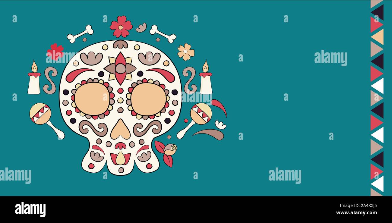 Il giorno dei morti bigliettino, tradizionale messicana teschio di zucchero, candele e fiori illustrazione per il Messico vacanze sfondo evento. Illustrazione Vettoriale