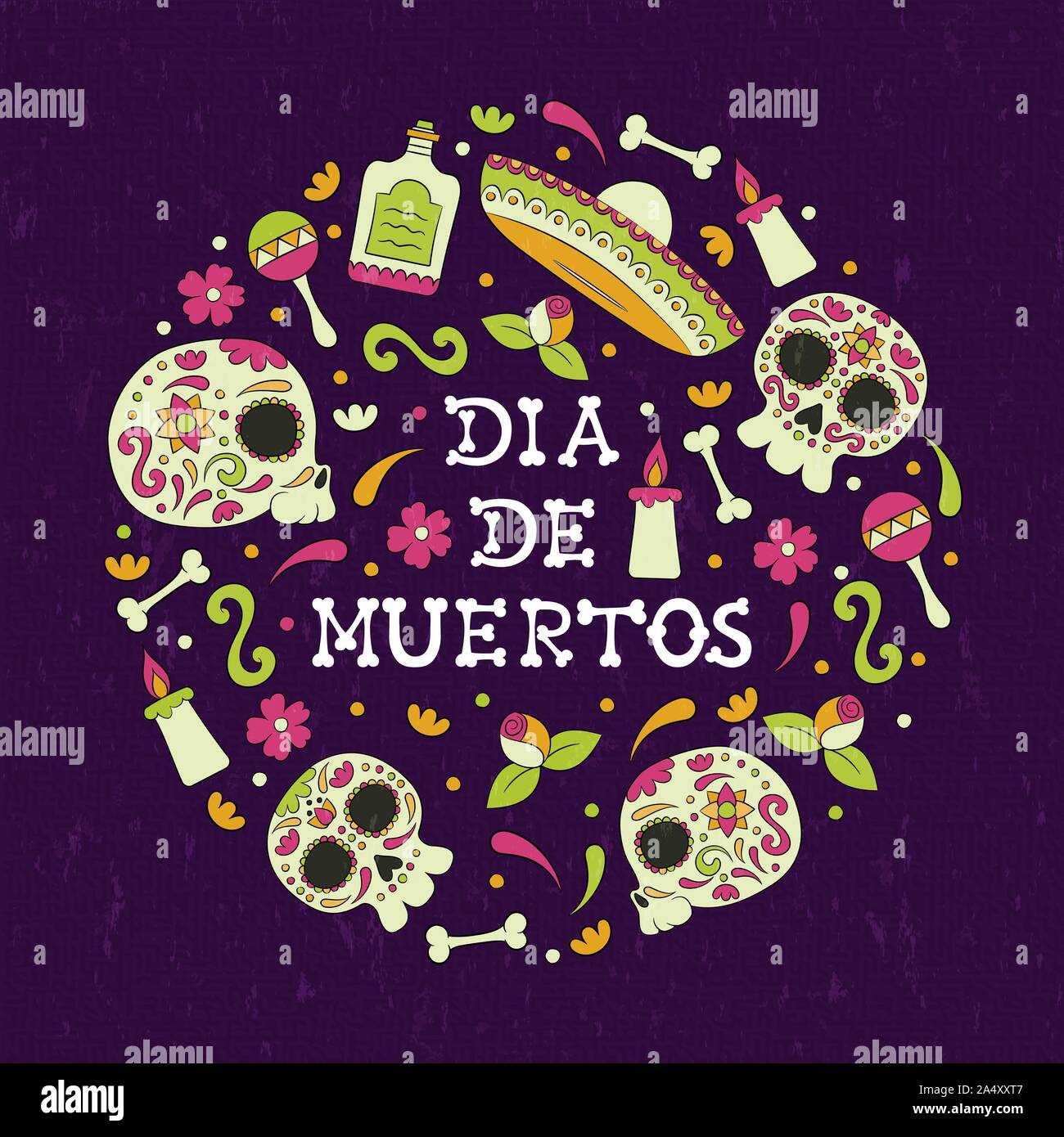 Il giorno dei morti il teschio di zucchero biglietto di auguri per la Festa messicana tradizionale dello scheletro del Messico decorazione con candele e fiori sfondo. Illustrazione Vettoriale