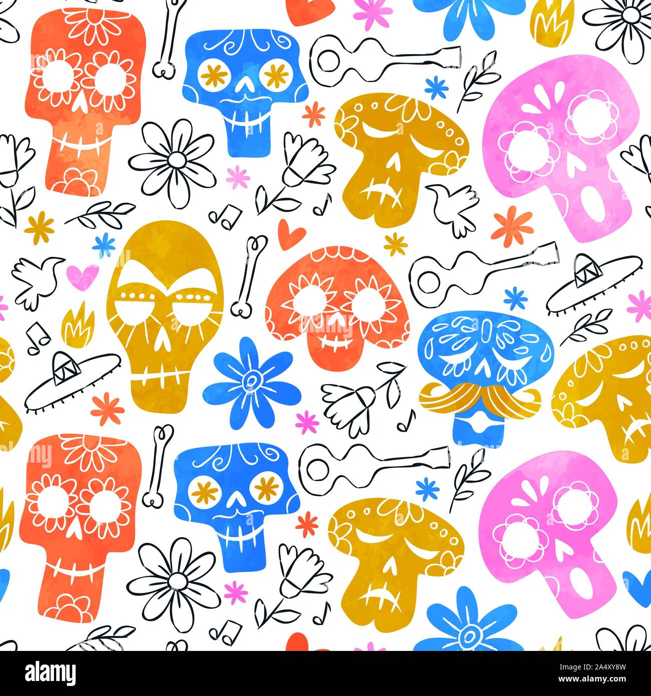 Il giorno dei morti cranio seamless pattern, divertenti scheletro acquerello smile e colorata cultura messicana sfondo icona. Illustrazione Vettoriale