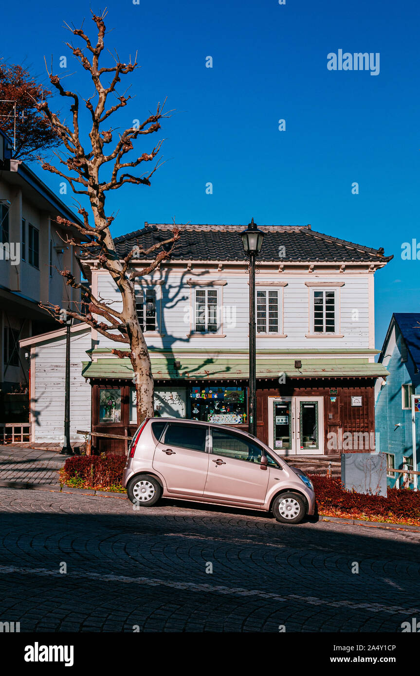 Dicembre 2, 2018 Hakodate, Giappone - Hakodate Vintage case colorate sotto la luce del sole alto contrasto ombra e auto sulla strada della pendenza con albero sfrondato in b Foto Stock