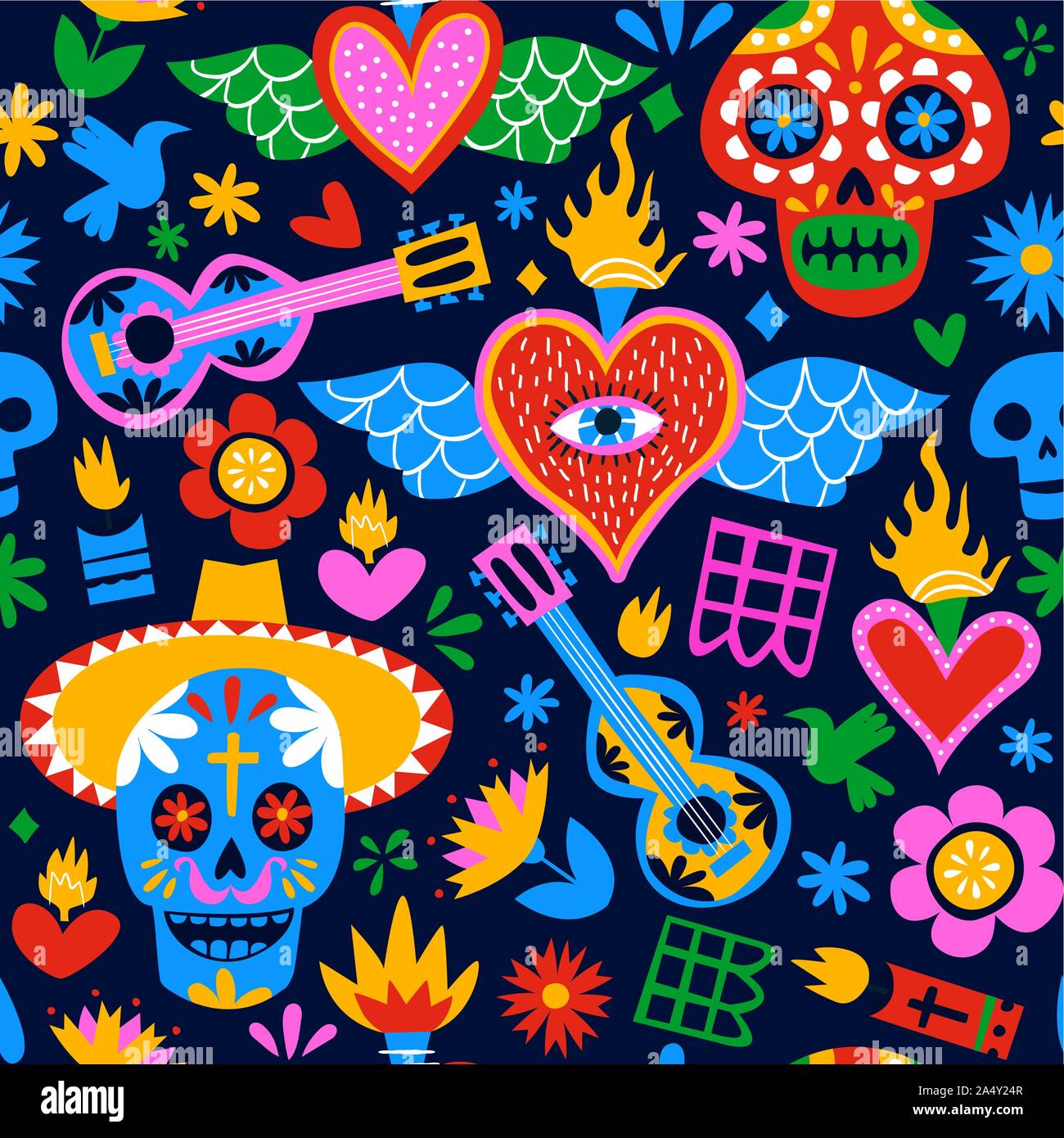 Il giorno dei morti pattern senza soluzione di continuità con la tradizionale cultura del Messico le icone nel piatto colorato stile cartoon. Vacanza messicana sfondo per evento festivo. Illustrazione Vettoriale