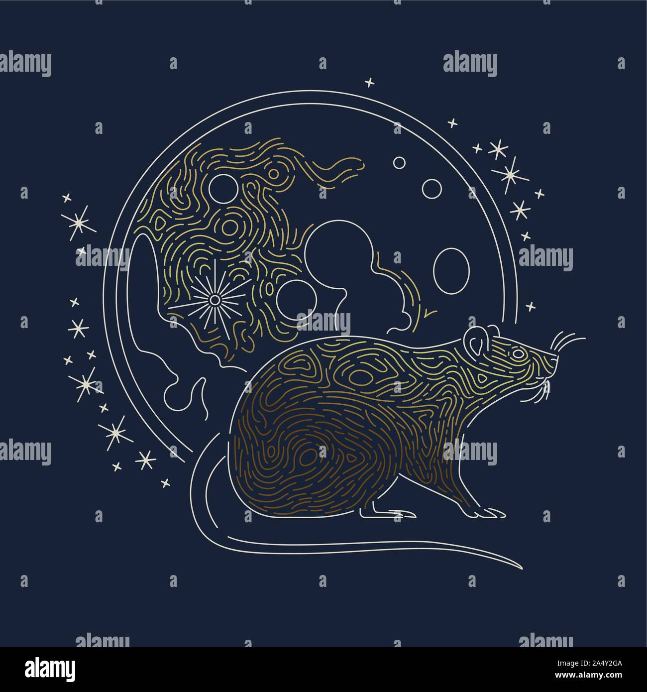 Ratto illustrazione degli animali con luxury gold luna in moderno stile contorno. Astrologia design per il nuovo anno cinese oroscopo o concetto. Illustrazione Vettoriale