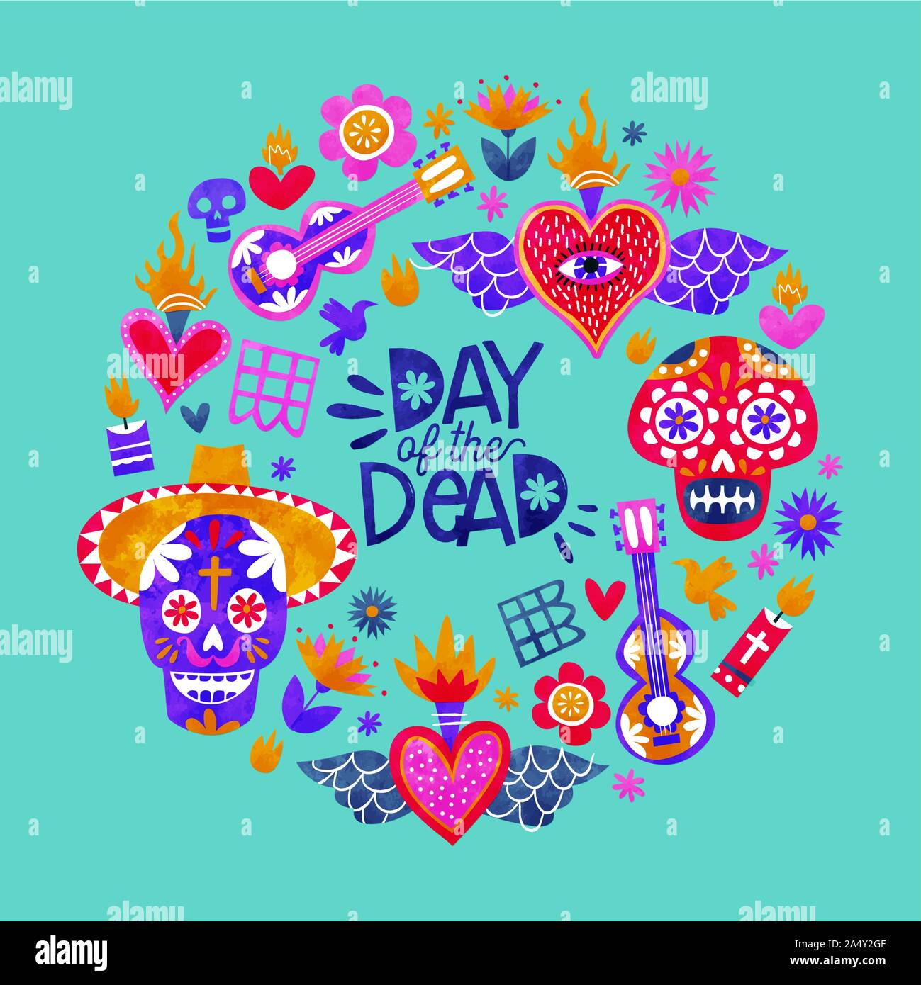 Il giorno dei morti bigliettino, tradizionale cultura del Messico le icone in un colorato stile acquarello. Include il teschio di zucchero, Mexican Hat, mariachi chitarra un Illustrazione Vettoriale