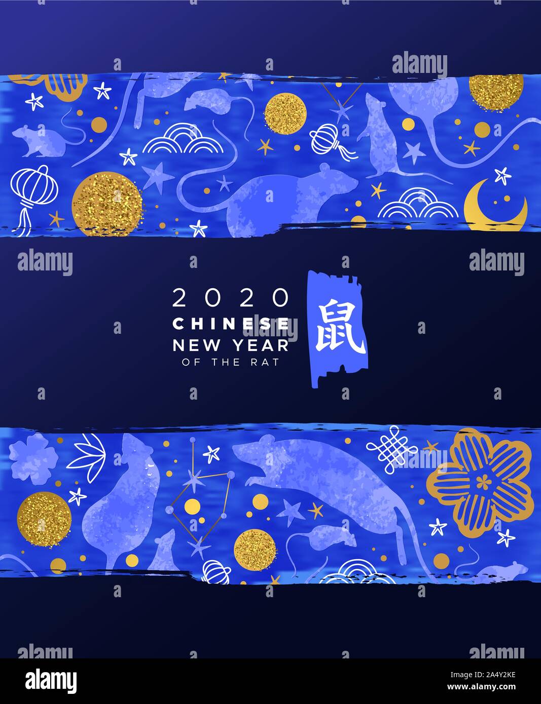 Il Capodanno cinese 2020 greeting card di blu mouse acquerello animali, astrologia simboli e oro tradizionale cultura asiatica disegnati a mano icone. Calligrap Illustrazione Vettoriale