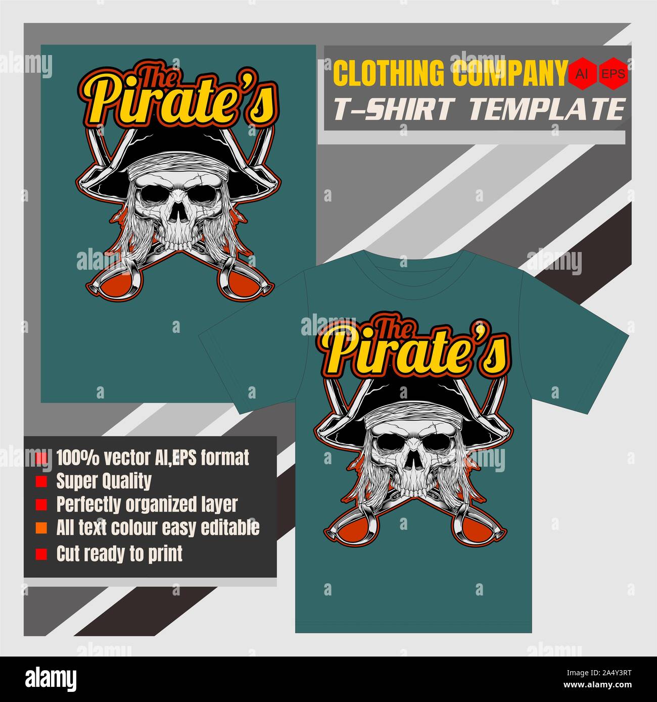 Mock up Clothing Company, t-shirt modello,teschio pirata e spada attraversato illustrazione vettoriale Foto Stock