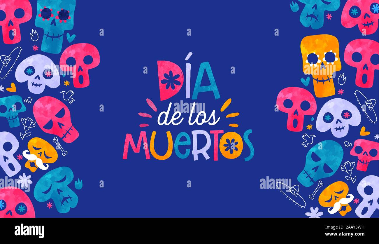 Il giorno dei morti in spagnolo di biglietto di auguri, colorato ad acquerello teschio di zucchero con i tradizionali disegnati a mano Decorazione messicana dello sfondo. Messico skel Illustrazione Vettoriale