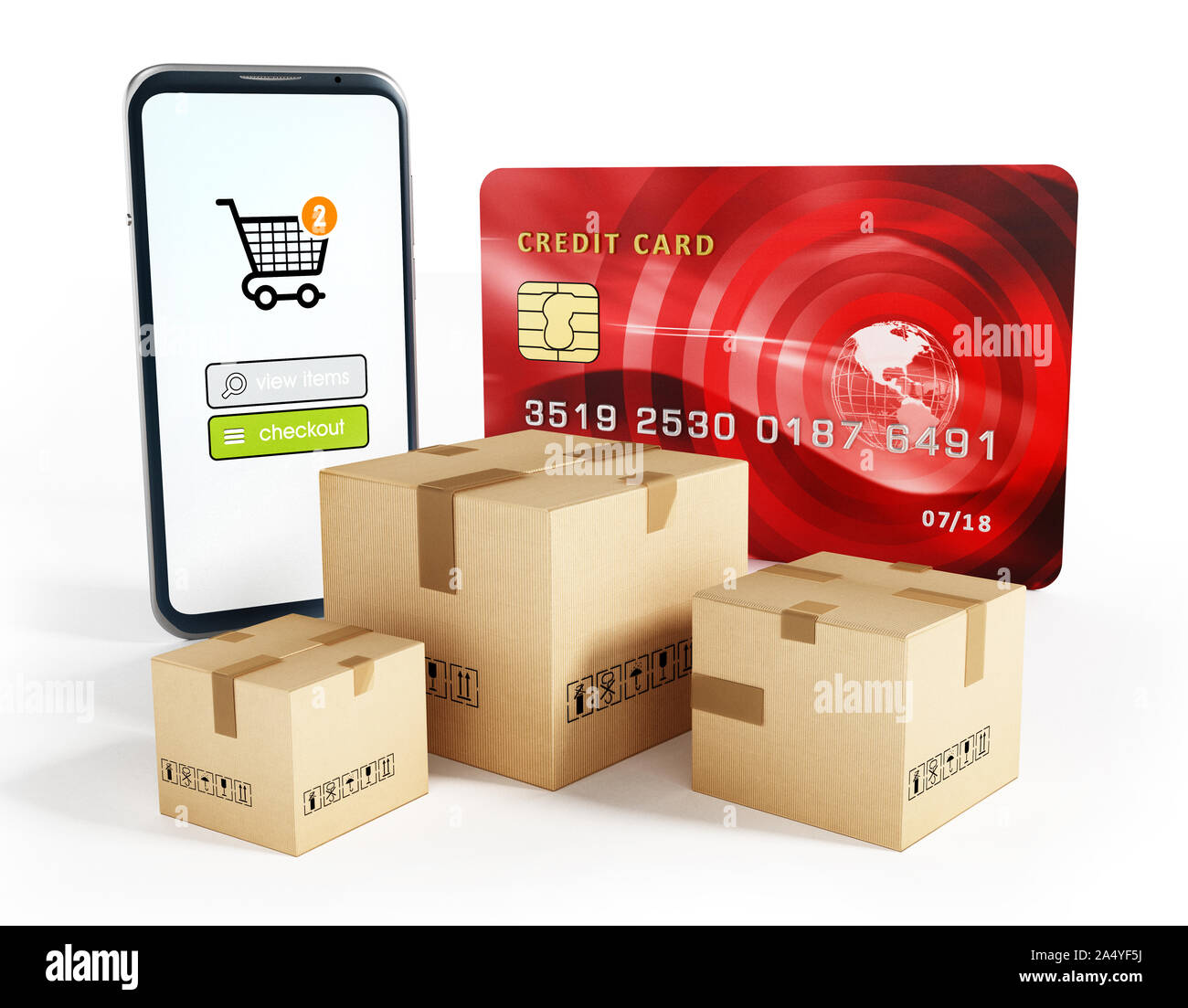 Smartphone, box di carico e una carta di credito isolati su sfondo bianco. 3D'illustrazione. Foto Stock