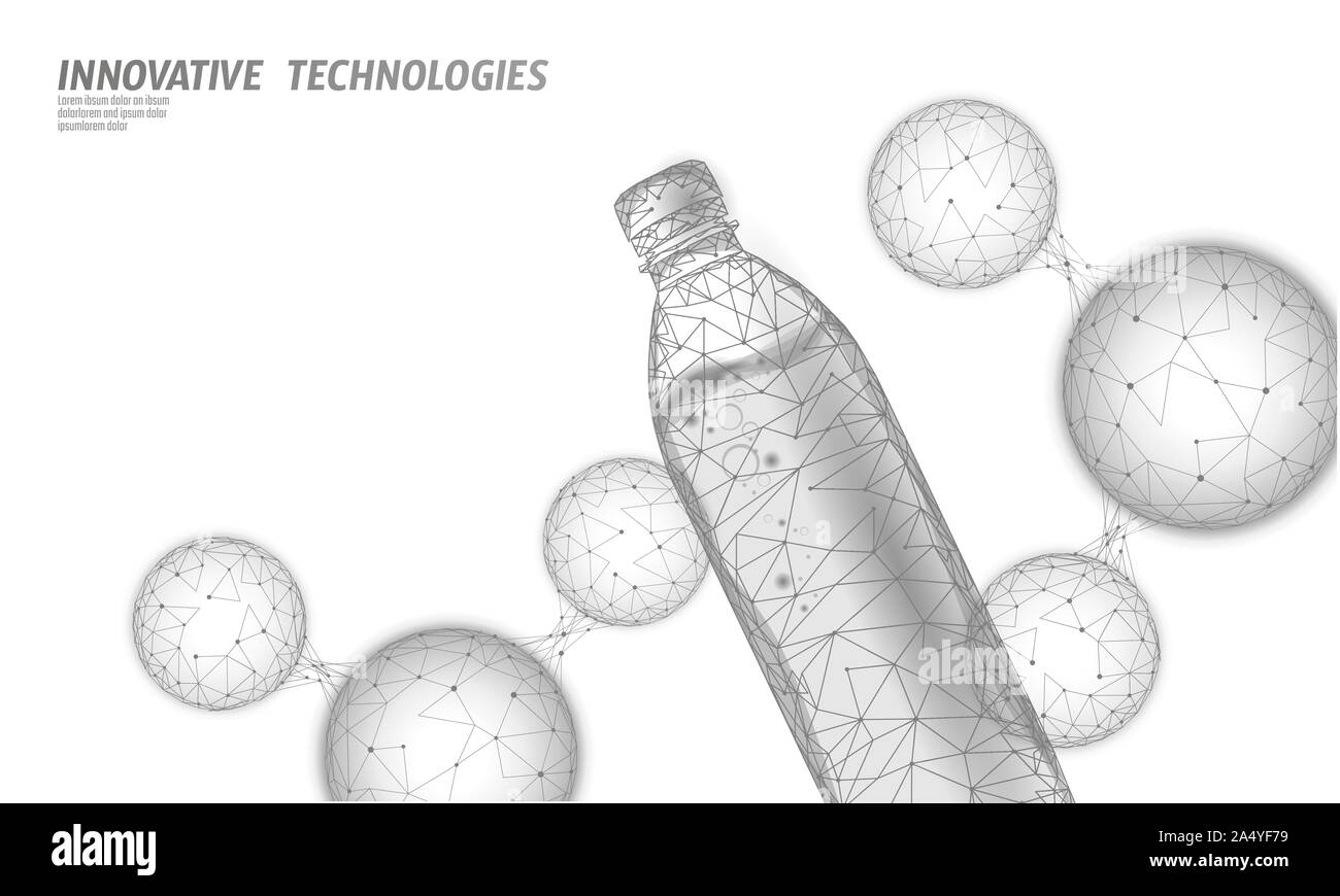Banner poligonale per bottiglie d'acqua 3D. Pacchetto liquido Aqua. Bevanda trasparente in plastica bevanda piena acqua potabile artesiana naturale pulita. Bianco poly basso Illustrazione Vettoriale