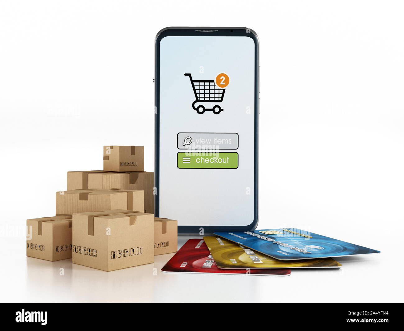 Smartphone, box di carico e una carta di credito isolati su sfondo bianco. 3D'illustrazione. Foto Stock