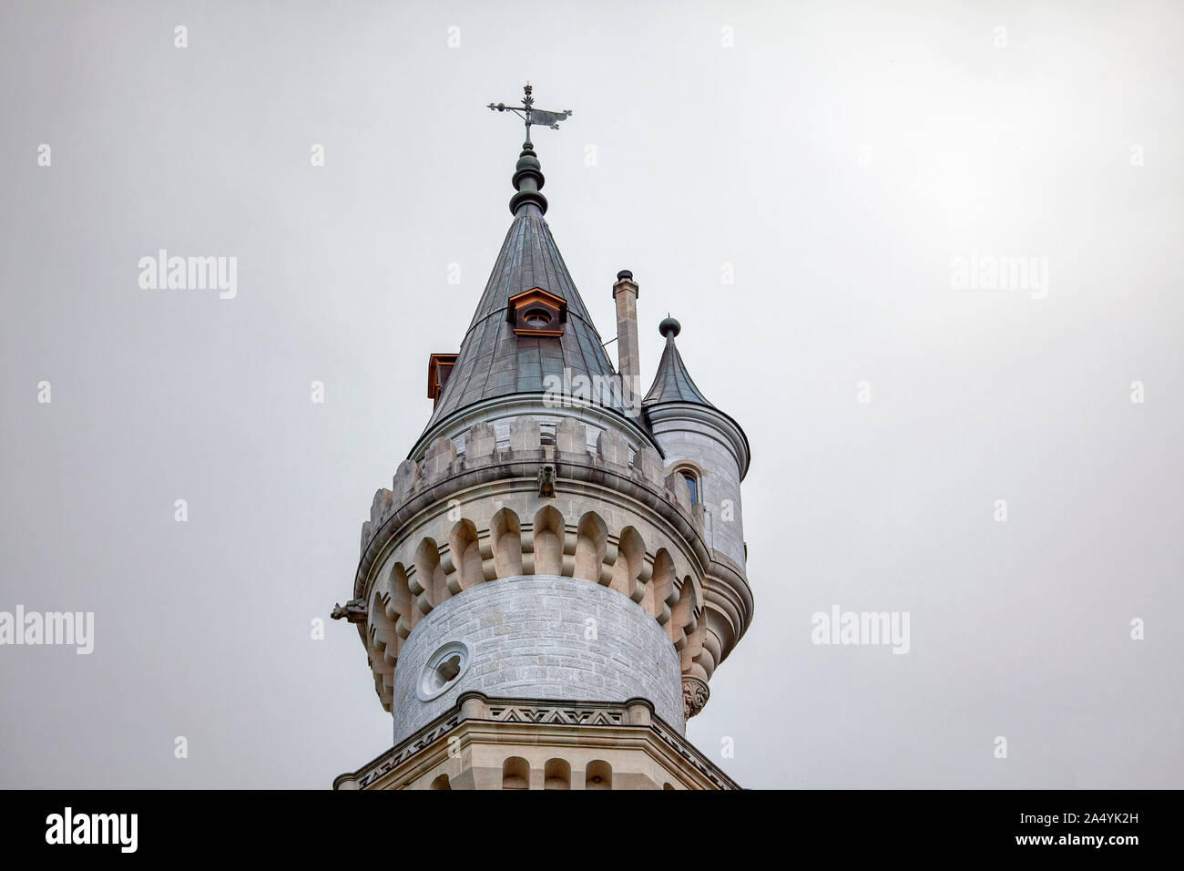 I dettagli architettonici della parte superiore del Castello di Neuschwanstein e Tower Foto Stock