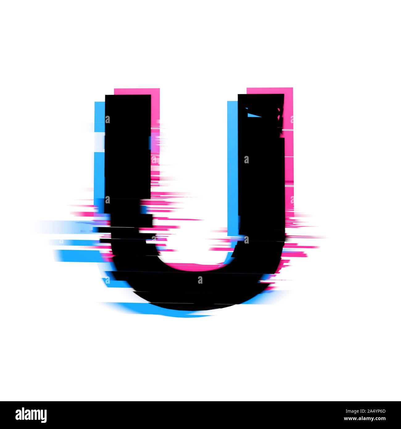 Lettera U distorto di glitch al neon per effetto di un font per il testo. 3D Render Foto Stock