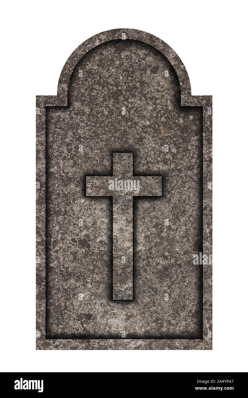 Decorate, ovale lapide di granito su sfondo bianco con croce incisa Foto Stock