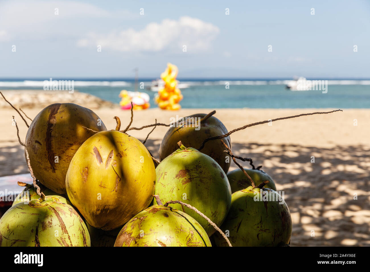 Pila di bere noci di cocco presso la spiaggia di Sanur. Bali, Indonesia. Foto Stock