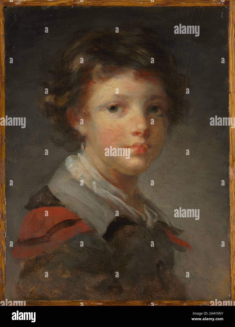 Un ragazzo in un rosso manto rivestito, 1780s. Nel corso della sua lunga carriera, Fragonard prodotte più di 550 dipinti. In questa particolare pittura, il seicentesco costume e la tavolozza di colore marrone e la sua tecnica suggeriscono che Fragonard è una riflessione sul lavoro di Peter Paul Rubens e Rembrandt piuttosto che il suo insegnante Fran&#xe7;ois Boucher. Mentre esiste una notevole evidenza che il sitter è Alexander Evariste Fragonard, l'artista figlio, questa identità non è mai stata confermata. Foto Stock