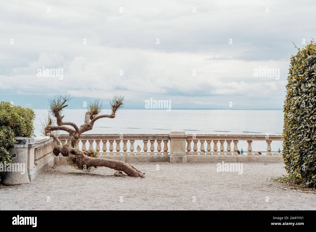 Punto di vista (con un balcone e un impianto a secco) con ampia vista sulla baia di Rijeka sul Mare Adriatico. Opatija, Croazia, Europa. N. persone con copia spac Foto Stock