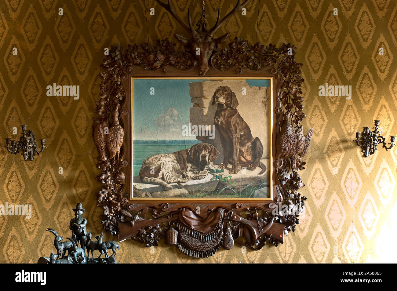Italia Piemonte Venaria Reale Parco Regionale La Mandria - Castello - sala da pranzo dipinti con scene di caccia Foto Stock