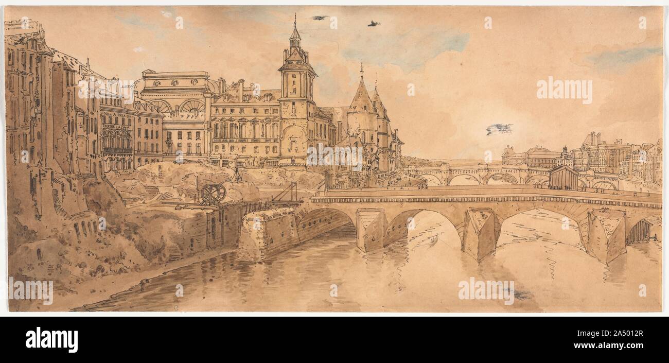 Una selezione di venti tra le più pittoresche vedute di Parigi: Vista del Pont au Change, il Teatro Comunale, Pont Neuf, Conciergerie Carcere e preso da Pont Notre Dame, 1802. Foto Stock