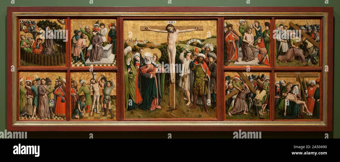 Pala con la passione di Cristo, c. 1440s. La messa a fuoco visiva di questa pala è la sofferenza e la morte di Cristo sulla croce. I cosiddetti cicli di passione nella tecnica includono gli eventi che portano a e seguenti la Crocifissione, non solo come singoli soggetti, ma come scene destinate ad essere lette in sequenza. Cicli di passione sono state promosse dai due grandi ordini di insegnamento, i Francescani e i Domenicani, per la quale questo tema ha rappresentato il principale dramma religioso delle loro chiese e anche dal tedesco mistici che propugnava privata contemplazione sull'umanità e la sofferenza di Cristo. Il mar morto Foto Stock