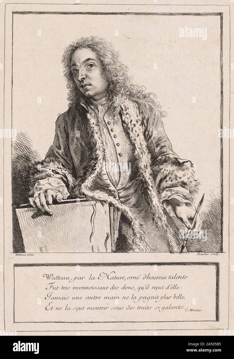 Antoine Watteau, c. 1727. Questo attacco è servito come il frontespizio per Jean de Jullienne’s le opere di Antoine Watteau (L’Oeuvre d’Antoine Watteau). Presto nella sua carriera, Boucher riprodotti più di 100 acqueforti di Watteau’s funziona per la pubblicazione, imparare a imitare il suo elegante disegno. Questo ha avuto un effetto duraturo sul giovane artista, come è evidente in un confronto del Boucher’s Andromeda con Watteau’s i vestiti sono Italiano, entrambi su visualizzare nelle vicinanze. Il tributo di Watteau inscritto al di sotto del ritratto si traduce: Watteau, ornata dalla natura w Foto Stock