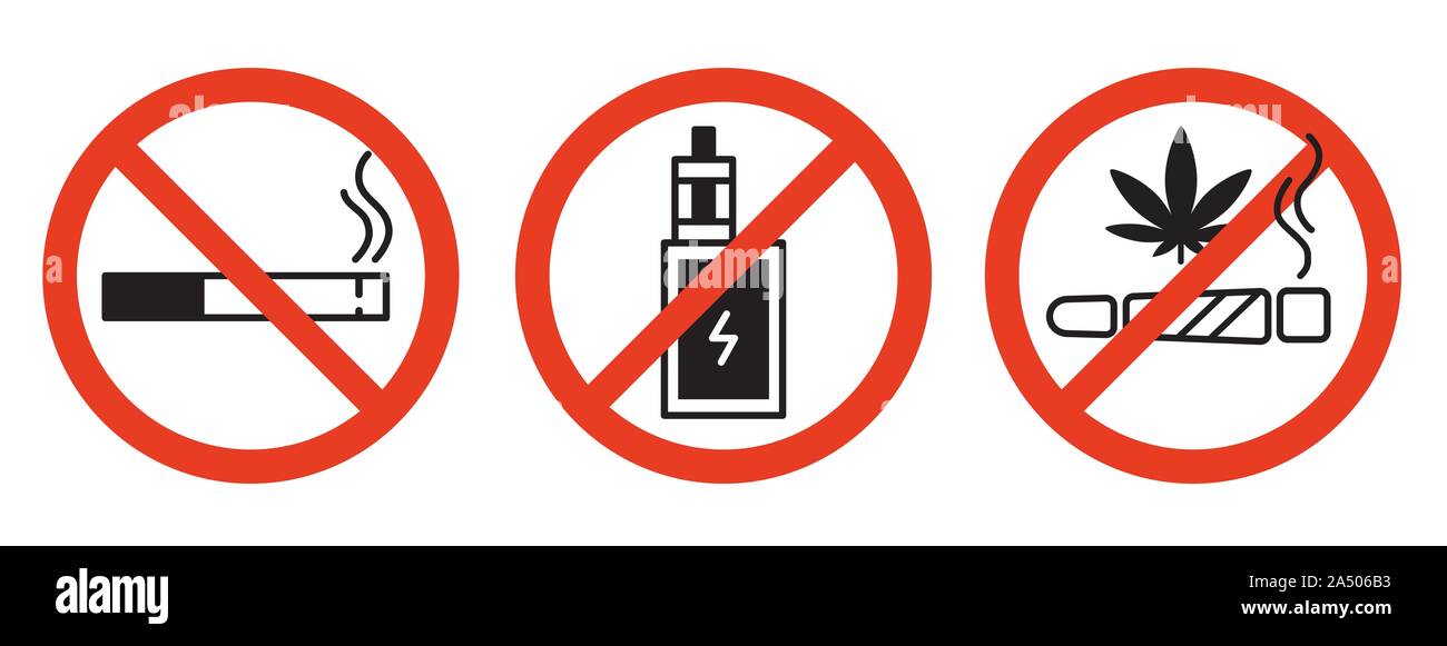 Che vieta i segni del vettore. Non fumare, non la droga, non vaping. Illustrazione isolato su sfondo bianco. Illustrazione Vettoriale
