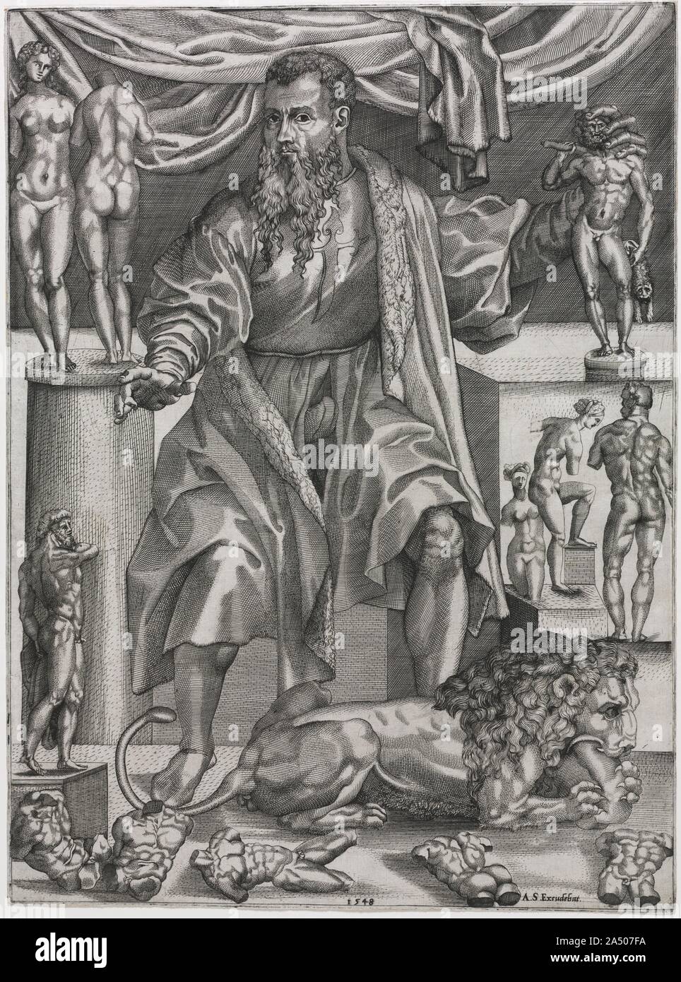 Baccio Bandinelli, 1548. Questa immagine promuove la fiera lo scultore fiorentino Bandinelli in termini eroici. Egli si siede come un gigante tra le statue antiche, le fonti di ispirazione che egli ha acquistato padronanza. Un leone lacrime in un blocco di marmo con i suoi denti, simbolizzanti Bandinelli&#x2019;s formidabile di potenza nel materiale della sua arte. Indossa la pelliccia mantello di un ben vestito gentleman, illustrante l'elevata sociale e intellettuale degli artisti di stato raggiunto durante il 1500s. Il pugnale a forma di croce sulla sua maglietta si riferisce al suo cavalierato in ordine di Santiago, una associazione religiosa riservato per n. Foto Stock