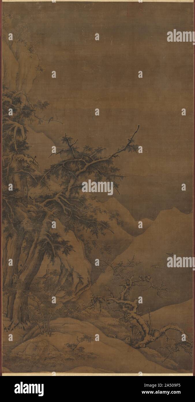 Uccelli in un boschetto di montagna paesaggio invernale, 1100s. Foto Stock