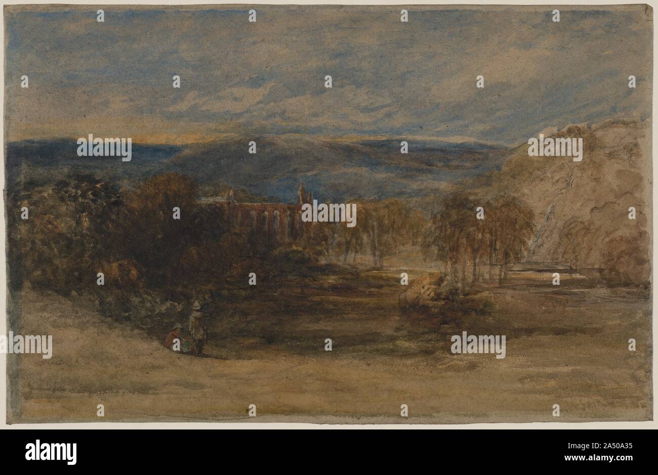 Bolton Abbey, c. tardi 1840s-1857. Questo moody, ampiamente dipinto acquerello su terreni accidentati, carta marrone è emblematico di Cox&#x2019;s tardo stile. Vellutato grigi e verdi in tutta la composizione shift quasi impercettibilmente e striature di colore blu lavaggio, descrivendo le lontane colline e cielo, sono trafitto da una scheggia di giallo brillante all'orizzonte. Il rovinato 12esimo secolo priory è relegata al background, quasi perso nel crepuscolo. Foto Stock