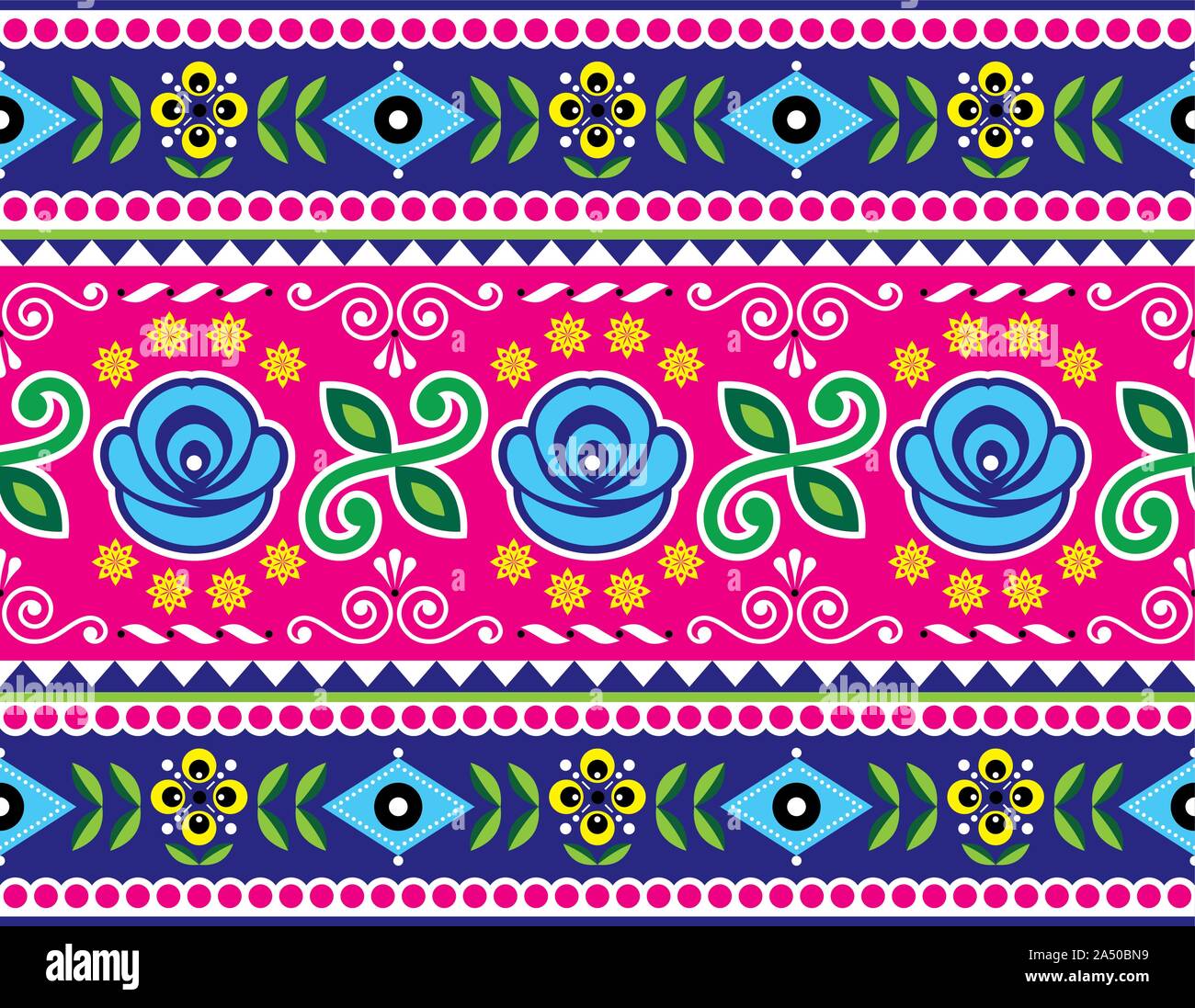 Carrello pakistano arte vettore seamless pattern, Indian floreali design vivace, navy blu e rosa ornamento con fiori e forme astratte Illustrazione Vettoriale