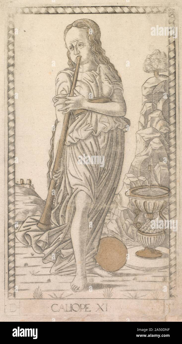 Calliope (dalla serie dei Tarocchi D: Apollo e le Muse, #11), prima di 1467. Nella mitologia greca, le Muse erano dee che ha presieduto diversi rami delle arti e delle scienze. Erano le nove figlie di Zeus, re degli dei e Mnemosyne, la dea della memoria. Apollo, dio della luce, musica, profezia e poesia era il loro leader. Foto Stock