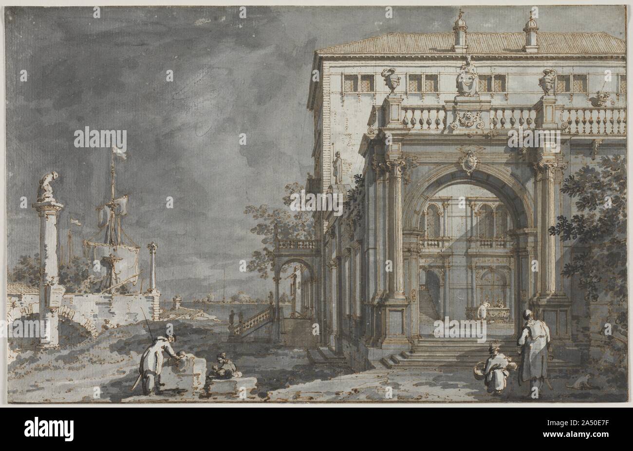 Capriccio: un palazzo con un cortile dalla laguna, c. 1750-1755. Venezia è stata un importante destinazione per il XVIII secolo gli aristocratici visitare Europa siti culturali del grand tour, e era la moda di portare a casa un canaletto veduta o visualizzare la pittura, per commemorare il viaggio. Questo disegno esemplifica Canaletto's capricci, fantasie architettoniche amalgamando edifici, reperti archeologici, e altri elementi architettonici in immaginario e spesso bizzarre combinazioni. La vista è animata dall'inclusione dei contadini in primo piano che andare circa le loro attività quotidiane e ancor di più in modo da Foto Stock