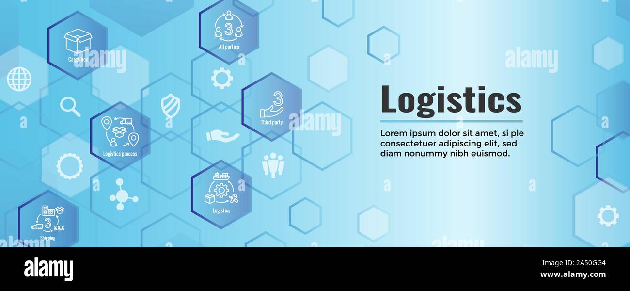 La logistica di set di icone e web banner di intestazione w edifici, autotrasporti, persone e nella confezione per la spedizione Illustrazione Vettoriale