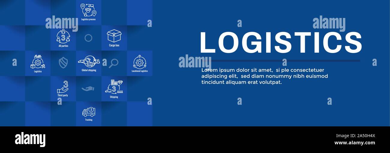 La logistica di set di icone e web banner di intestazione w edifici, autotrasporti, persone e nella confezione per la spedizione Illustrazione Vettoriale