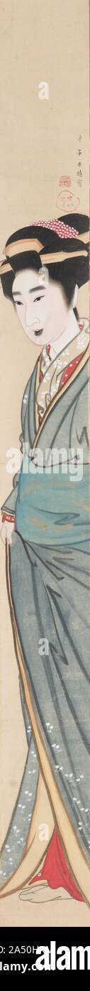 Cortigiana, xix secolo. Questa stretta appeso scorrere, noto come un pilastro della pittura, è simile al formato di Shigemasa&#x2019;s Due bellezze (CFR 1985.274). Foto Stock