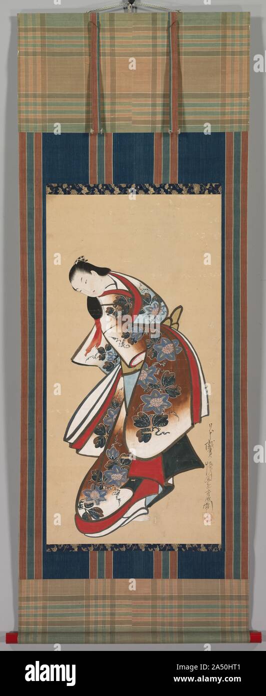 Cortigiana, primi 1700s. Kaigetsudo Doshin era uno dei cinque pittori in un studio operanti sotto Kaigetsudo Ando nella zona di Asakusa di Edo, oggi a Tokyo. Doshin, come gli altri membri dello studio, fatto aderire strettamente alla Ando di stile, come pure la sua specializzazione, ritratti di alta classifica cortigiane del quartiere Yoshiwara come questo. I dipinti includono forte delineazione di inchiostro del soggetto della forma di ritorcitura e audaci motivi in kimono, nonché l'assenza di qualunque tipo di impostazione. A differenza del suo maestro, che si concentrava esclusivamente sulla pittura, Doshin anche prodotto woodblock stampe. Prodotto Foto Stock