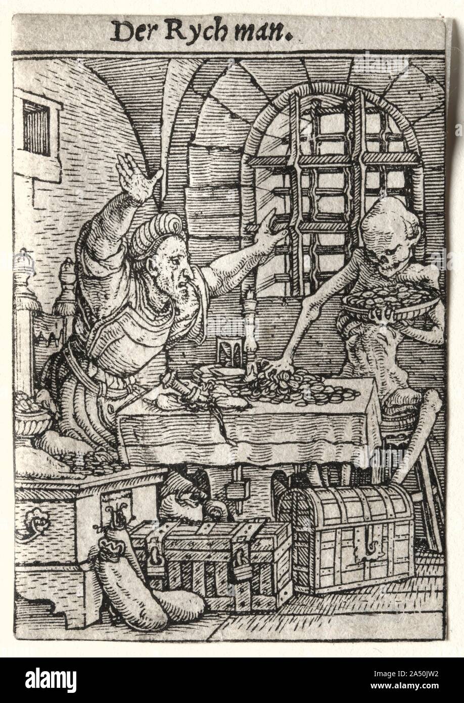 Danza di morte: l'avaro, c. 1526. Danza di morte è la più celebre serie di xilografie progettato da Holbein. Il quarantuno isolati sono stati tagliati da Hans L&#xfc;tzelburger negli anni immediatamente prima della sua morte nel 1526, anche se il set non è stato pubblicato fino al 1538. La Danza della morte è nato come un dramma nella metà del XIV secolo. In seguito i grandi flagelli come la peste nera, questi giochi hanno avuto luogo in un cimitero o sagrato. Attori, vestito in costumi pallido dipinte a somigliare a scheletri, personificata morte e convocato un gruppo di persone provenienti da tutte le classi sociali in un dancelike p Foto Stock