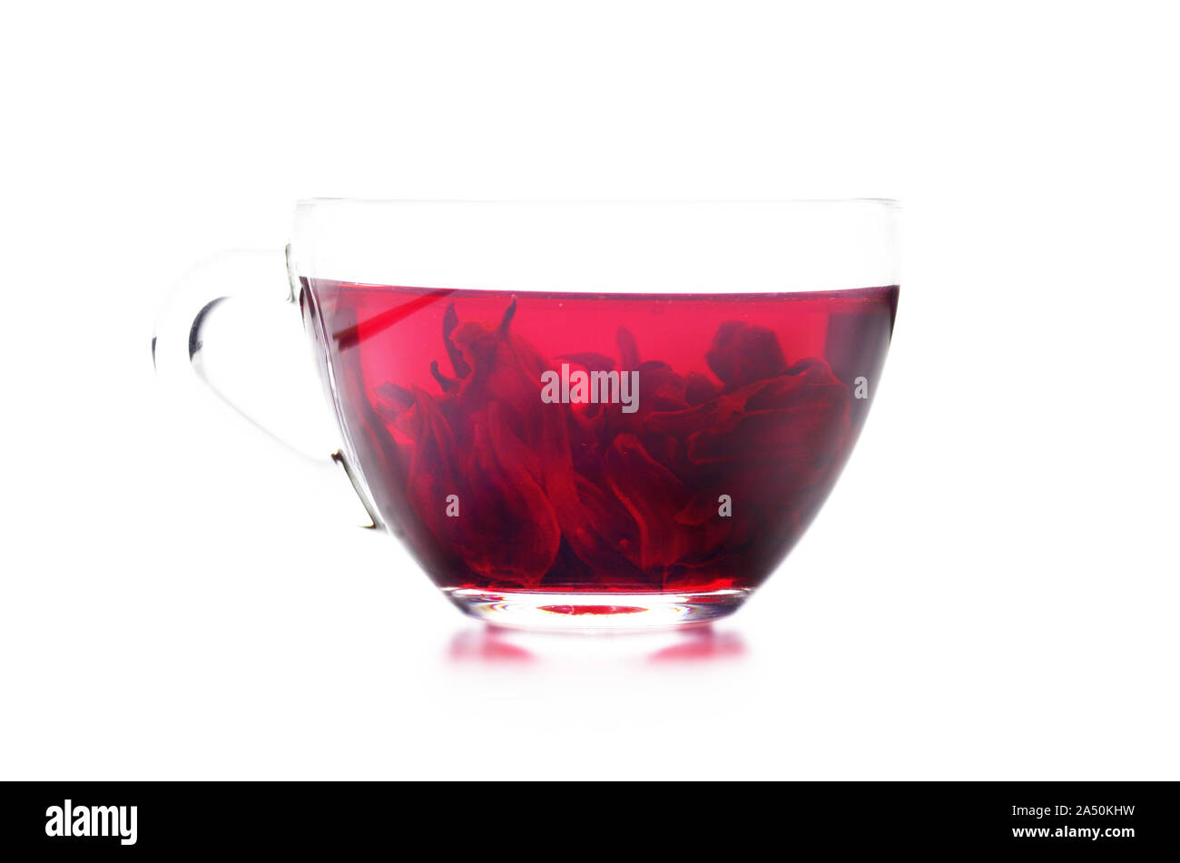 Hibiscus tazza da tè con petali all'interno isolato su sfondo bianco Foto Stock