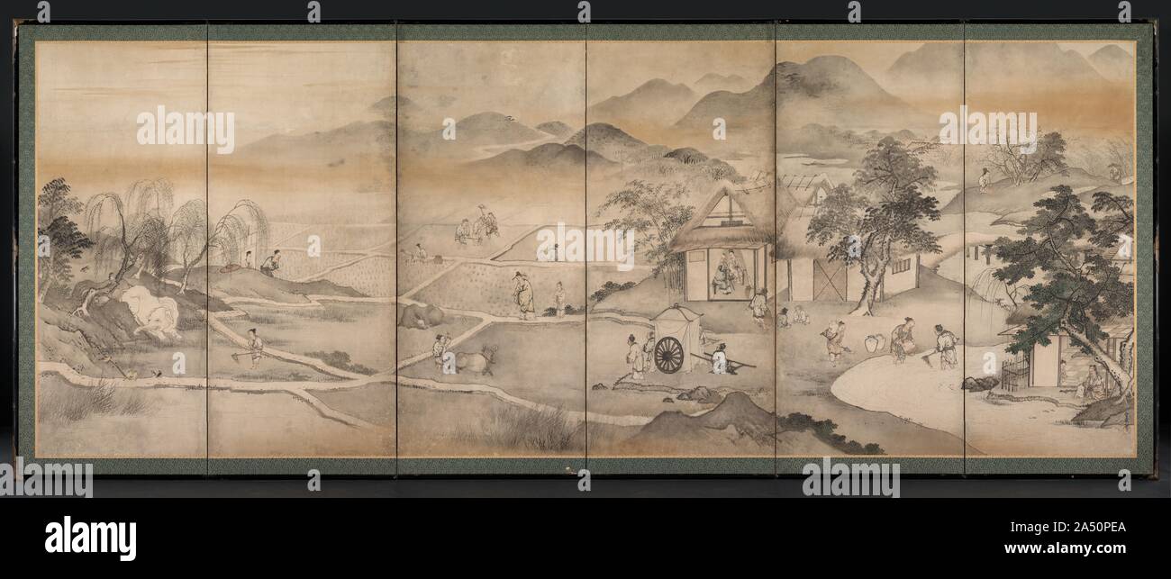 L'imperatore Yao visitando Yu Chonghua, mid- alla fine del seicento. Uno di una coppia, questa schermata mostra una sezione della narrativa di come l'imperatore cinese Yao (circa 2356-2255 BC) scelto il suo successore, Yu Chonghua (circa 2294- 2184 BC), che sarebbe divenuto Imperatore Shun. L'artista che ha dipinto questo schermo, Kusumi Morikage addestrati con Kano Tan’yo (1602-1647), pittore-in-Residenza in Giappone’s shogun, paese’s righello, e fu uno dei suoi quattro studenti superiore. Nonostante il conservatore oggetto, Morikage’s sensibilità distintivo traspare nel suo trattamento ludico del gra Foto Stock