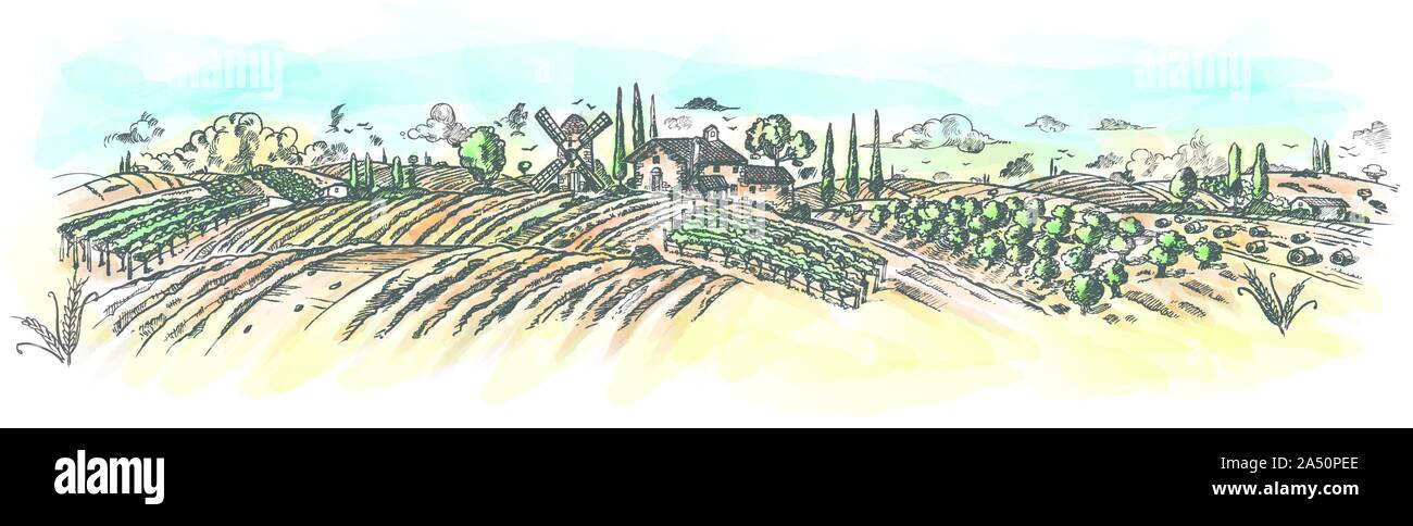 Wtercolor paesaggio rurale disegnati a mano con l'impianto. Illustrazione Vettoriale Illustrazione Vettoriale