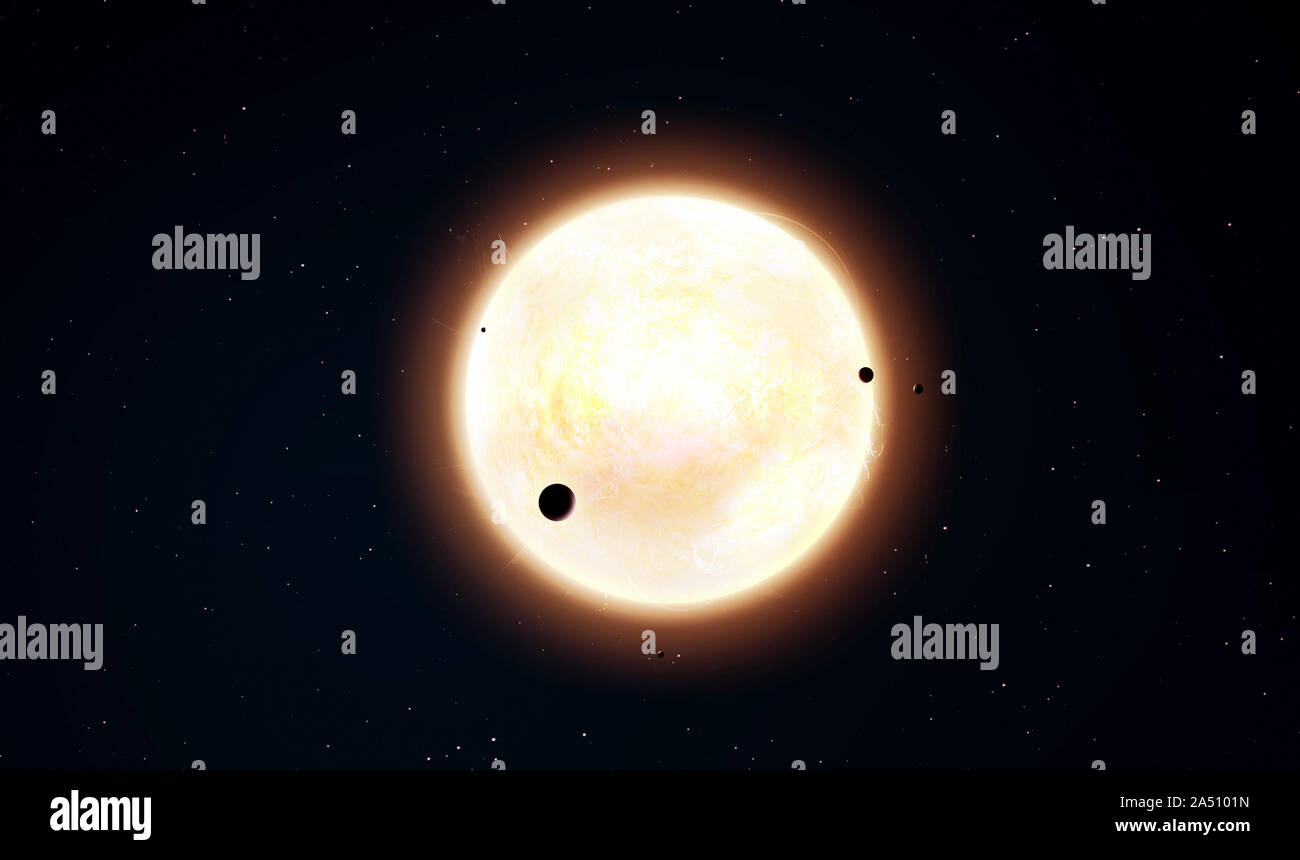 3d illustrazione. pianeti attorno alla stella gigantesca nello spazio profondo Foto Stock