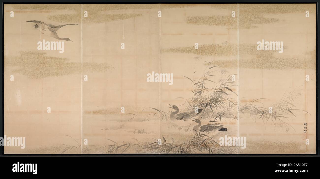 Oche, canne e acqua, 1800s. Questo byobu composizione differisce dalla maggior parte per il fatto che comprende due di quattro schermate del pannello, piuttosto che due a sei unità del pannello. Poiché la corrente di montaggio è moderno, è impossibile determinare se la sua attuale configurazione rappresenta il suo originale design. Alcuni pannelli potrebbero essere state rimosse per aiutare le schermate di meglio adattarsi in un moderno spazio interno. Baiitsu lavorato quasi esclusivamente in inchiostro monocromatico toni e favorito classico cinese temi di pittura. Foto Stock