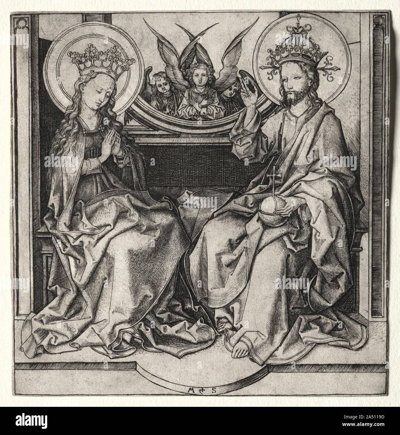 Dio Padre e la Vergine in trono con la partecipazione di angeli, c. 1480-90. In trono affiancati, Cristo come Salvatore del mondo benedice sua madre Maria incoronata Regina del Cielo per la sua divina maternità. In ritorno, Maria china il capo in orante devozione e attraente per la redenzione dell'umanità. Lo sviluppo dei primi metodi di stampa durante il XV secolo offerto più persone personal immagini devozionali che in precedenza erano limitati a meno abbordabile media, quali dipinti, sculture o codici miniati. Foto Stock