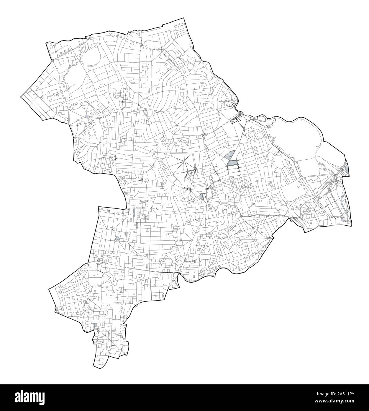 Vista satellitare del London Boroughs, mappa e strade di Hackney borough. Inghilterra Illustrazione Vettoriale