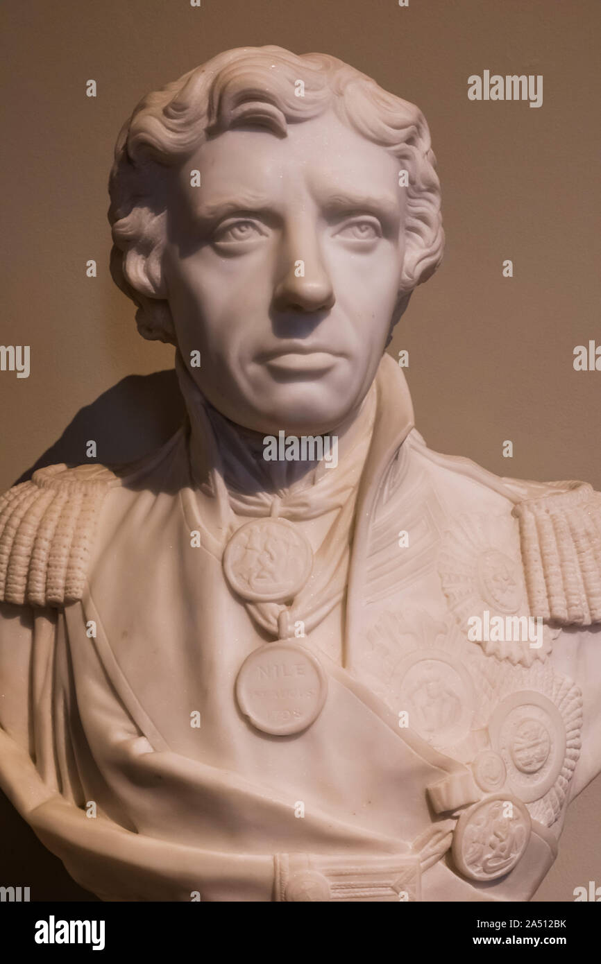 Inghilterra, Londra Greenwich, Queen's Casa Museo e Galleria d'arte, agli inizi del XIX secolo busto in marmo del vice ammiraglio Horatio Nelson da Franz Thaller e M Foto Stock